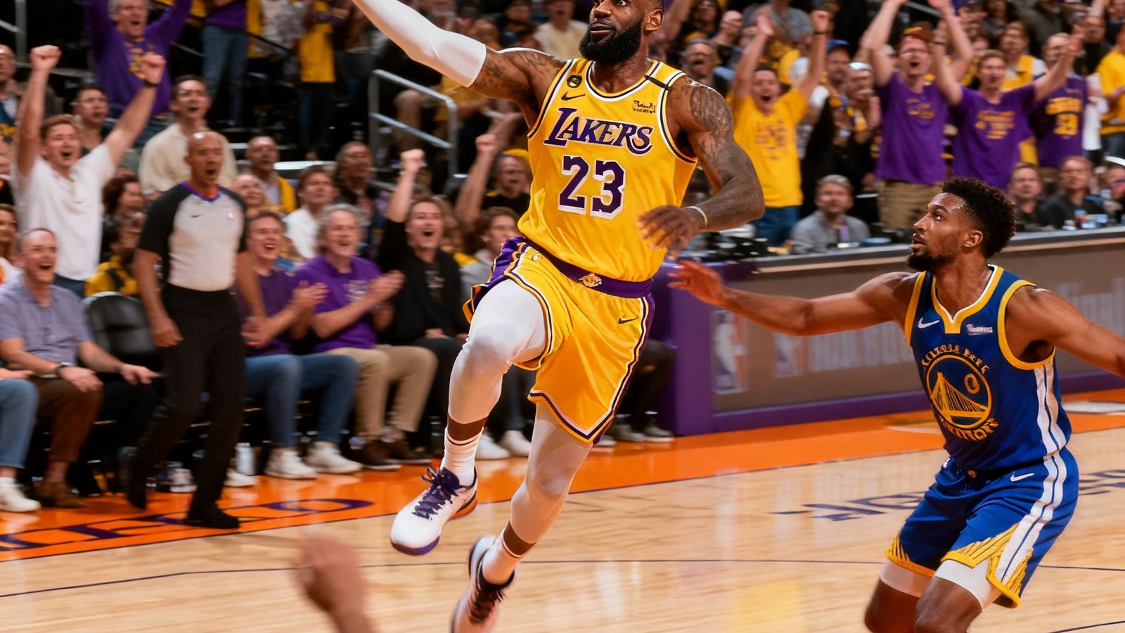NBA直播湖人队对阵勇士队，球员在篮球场上快速突破上篮，现场观众沸腾