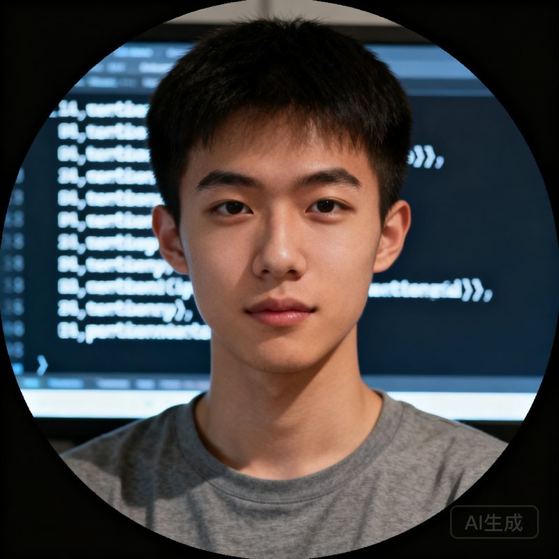 技术合伙人林浩然圆形头像，短发年轻男性穿灰色T恤，背景为代码屏幕